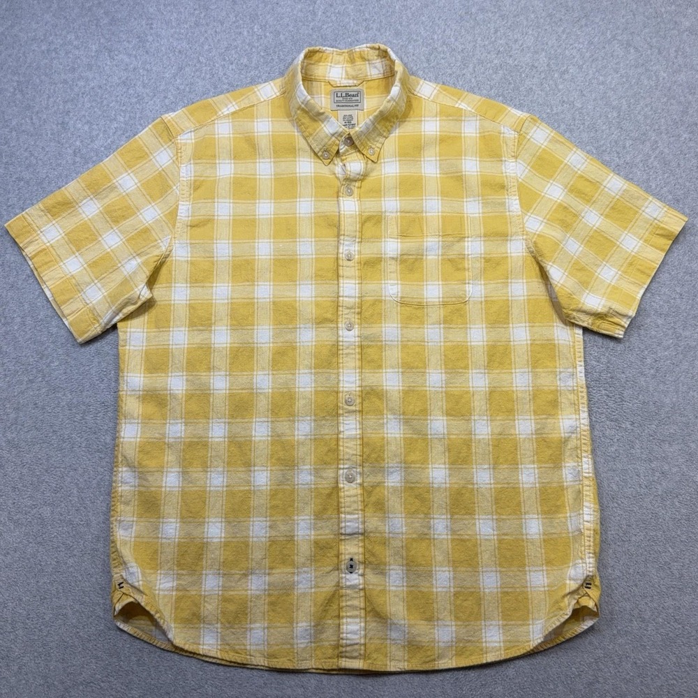 LL Bean Shirt Mens Medium Yellow Plaid Short Sleeve Stretch Hemp Blend Casual